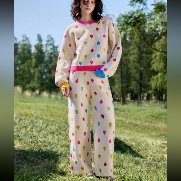 Heart sweater pants 2 PCS SET knit rainbow multicolor hearts cream pink - Picture 3 of 4